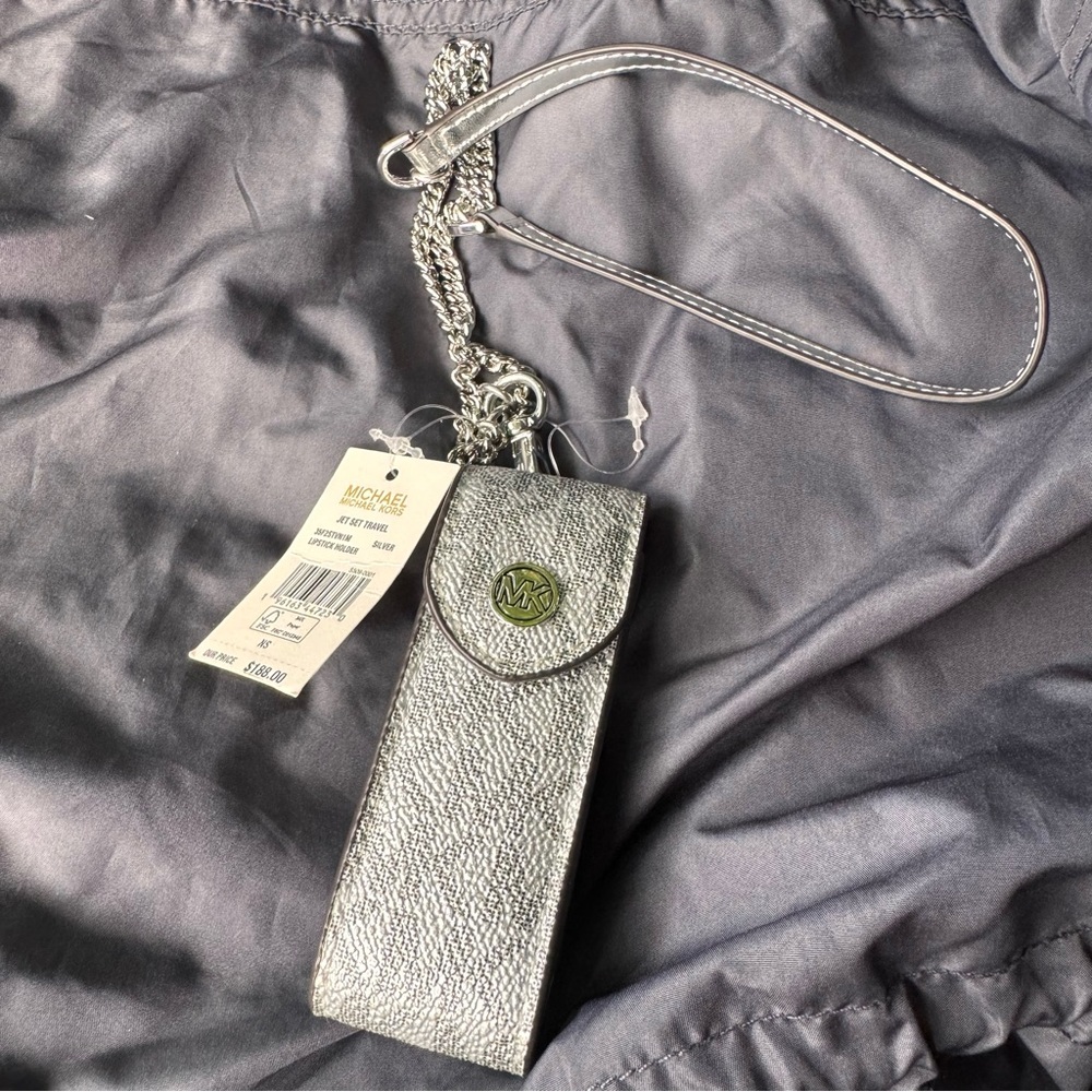 Michael Kors Metallic Silver lipstick holder with Chain